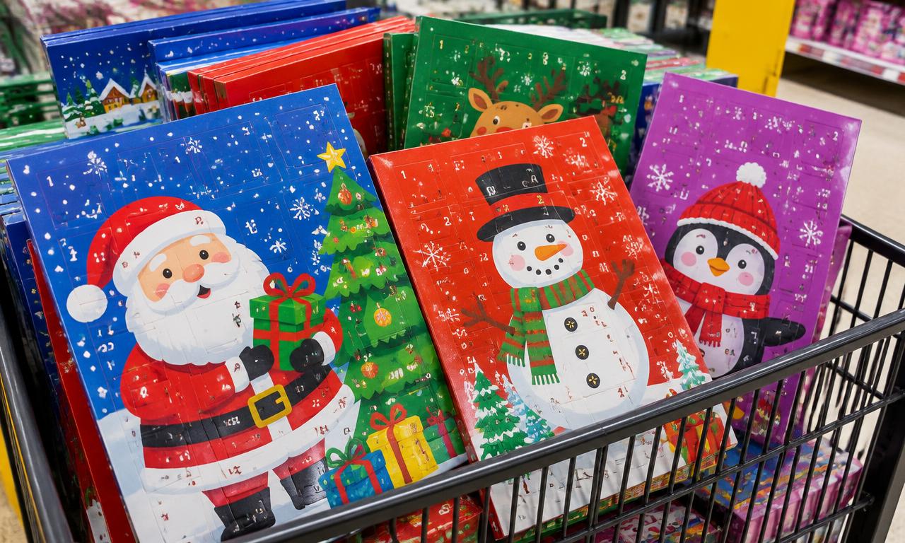 Kleurrijke budget adventskalenders in een winkelmandje