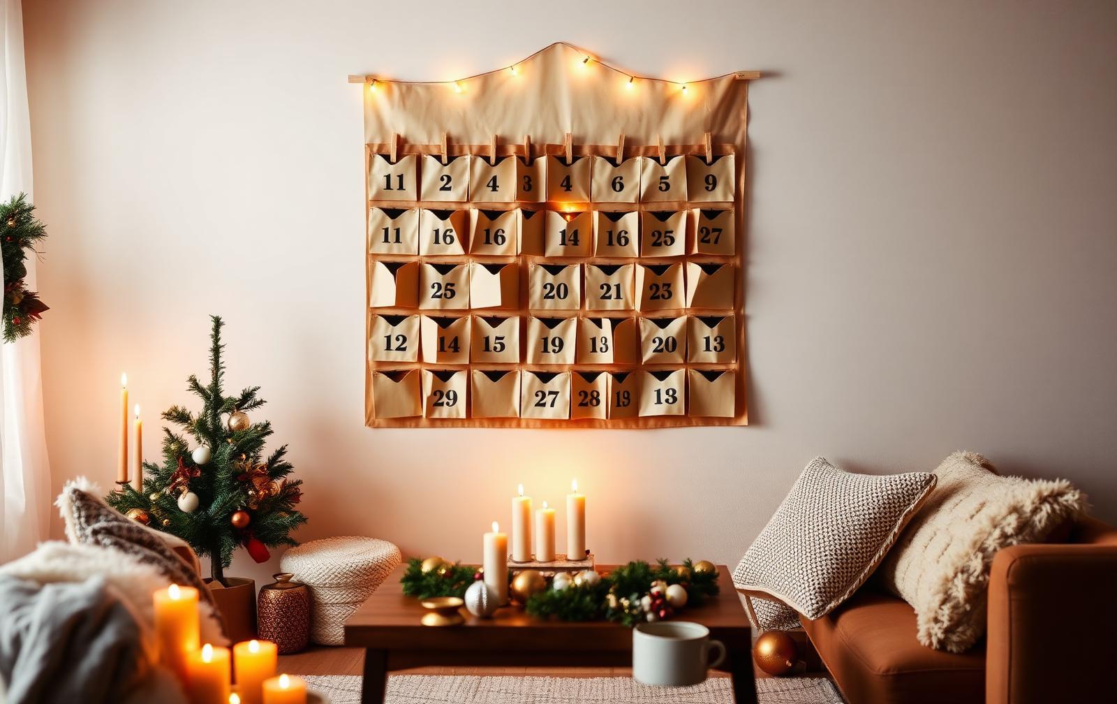 Grote stoffen adventskalender met 24 genummerde vakjes aan een warme woonkamerwand