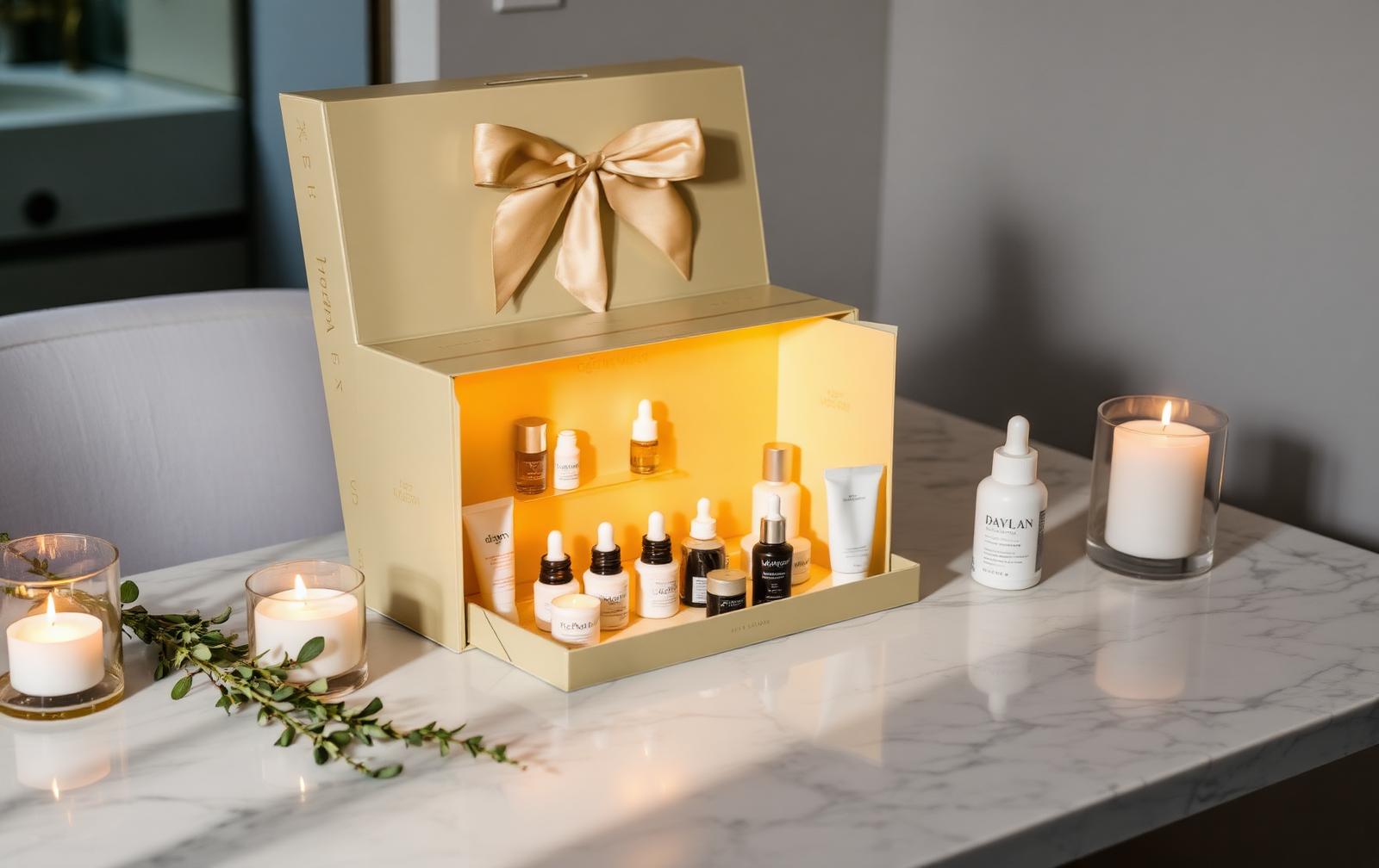 Luxe wellness adventskalender met kleine verzorgingsflesjes en kaarsen op marmer
