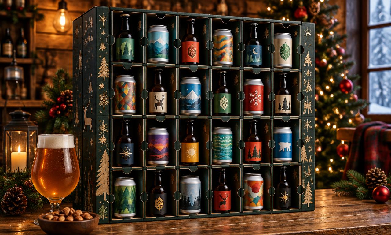 Bier adventskalender met 24 speciaalbieren naast een glas bier