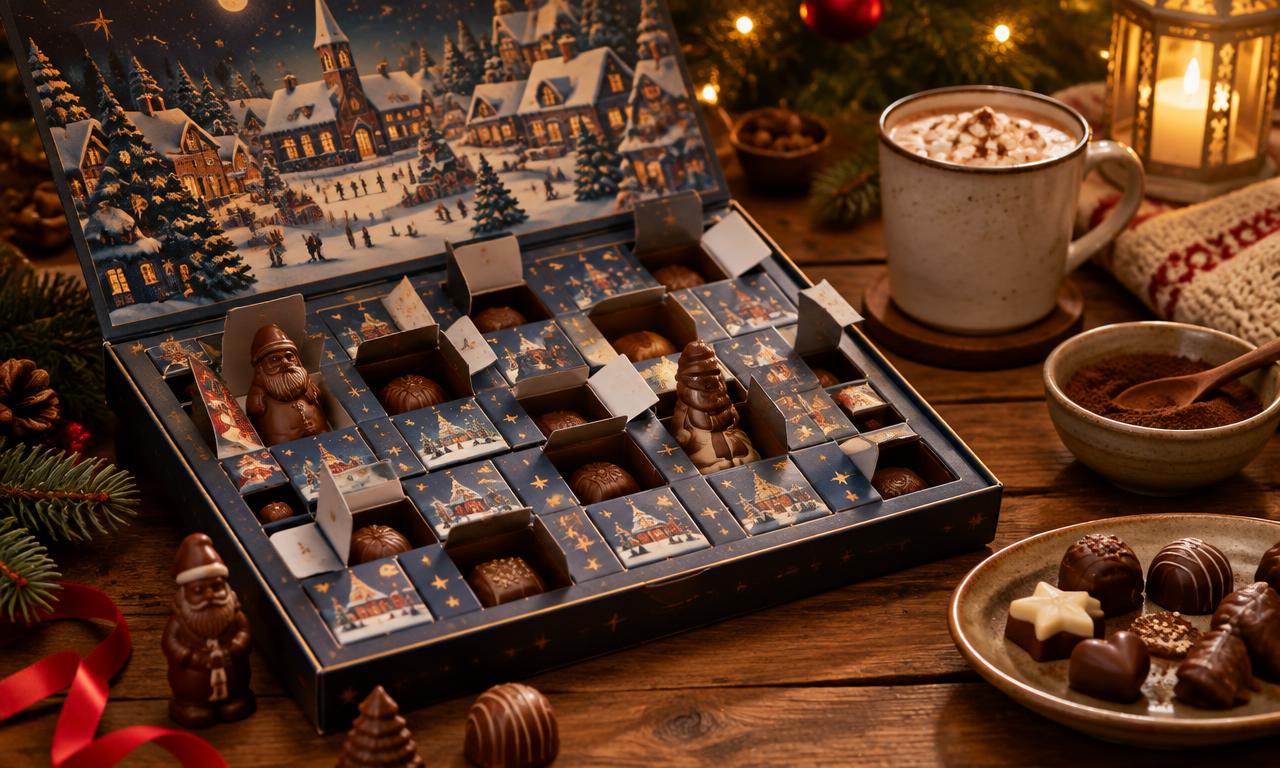 Geopende chocolade adventskalender met bonbons en chocoladefiguurtjes