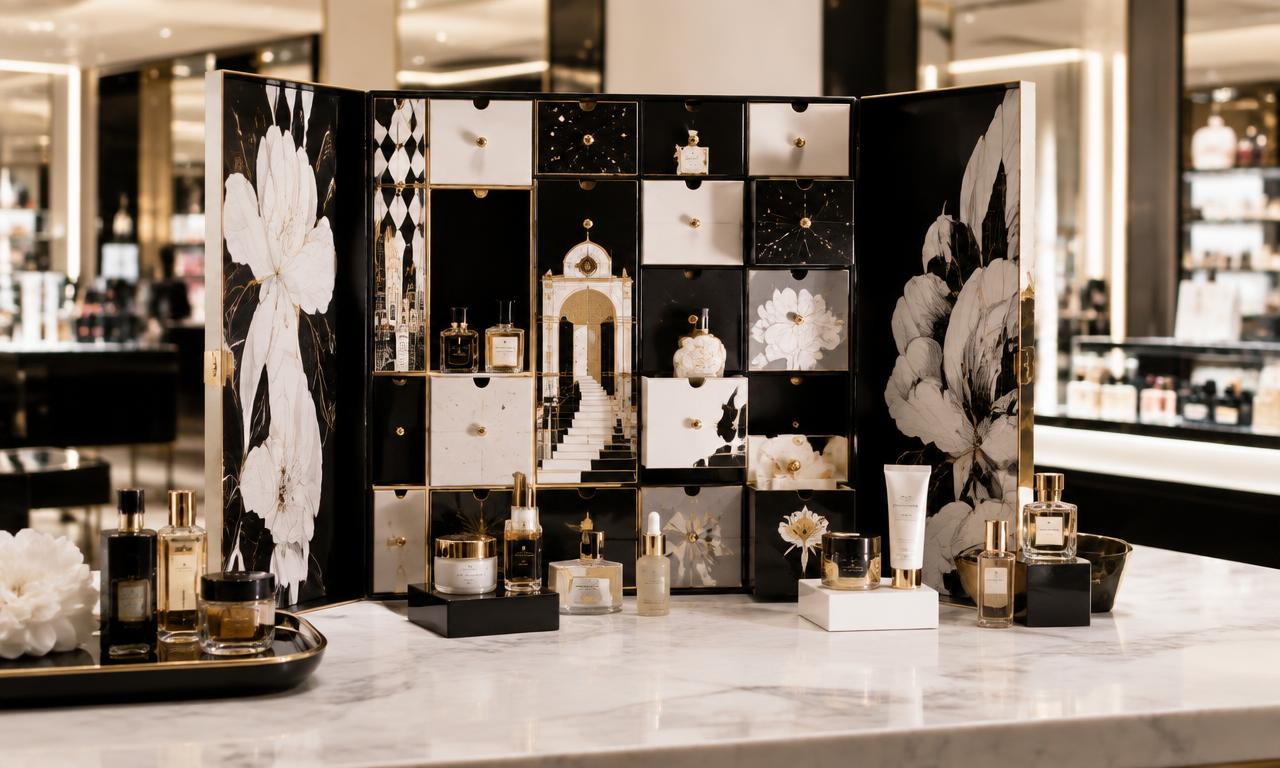Luxe parfumerie adventskalender met parfumminiaturen op marmer
