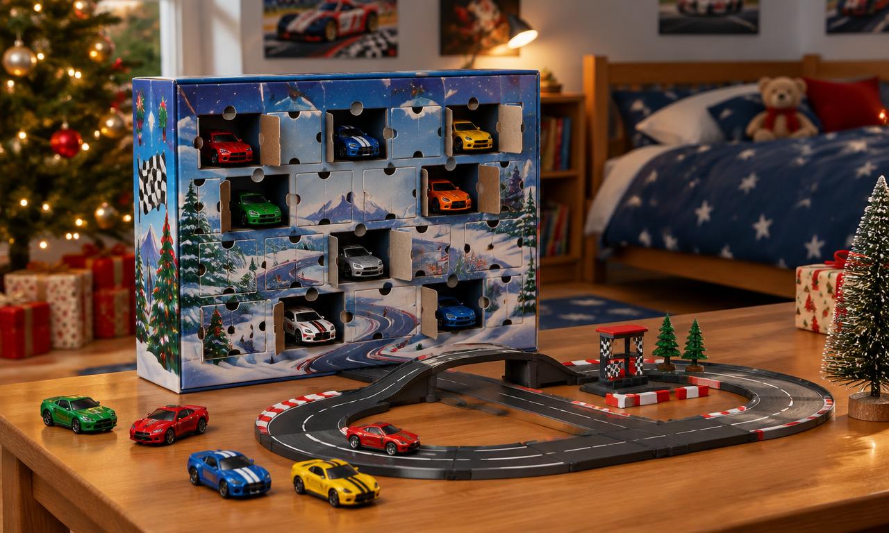 Adventskalender met speelgoedautootjes en een kleine racebaan