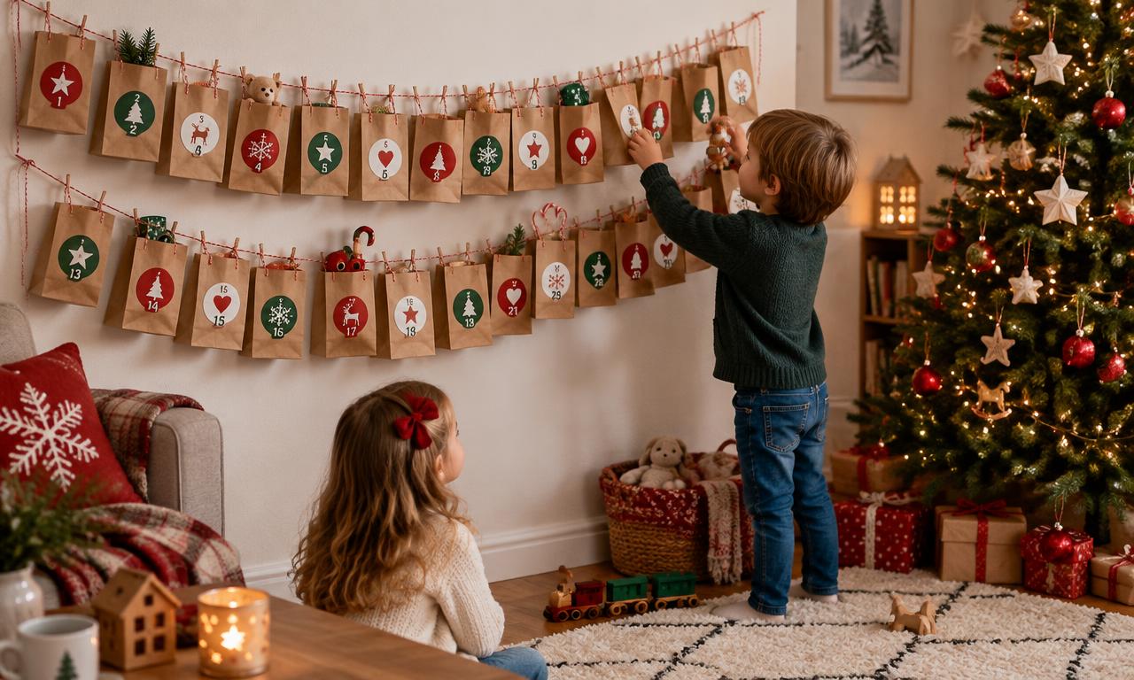 Kinderen hangen gevulde papieren zakjes van een adventskalender op