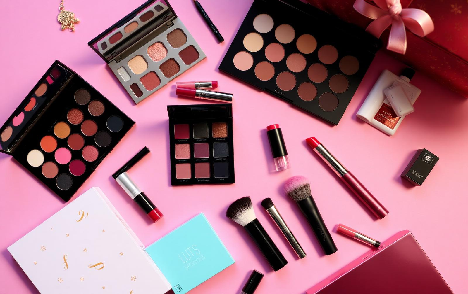 Flatlay met oogschaduwpaletten, lippenstiften en kwasten uit een make-up adventskalender