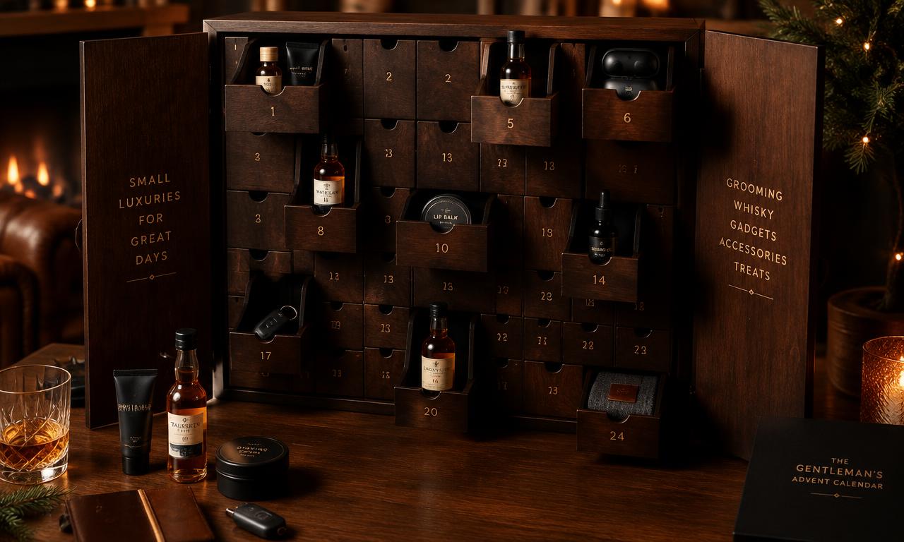 Donkere houten adventskalender voor mannen met whiskyminiaturen en verzorging