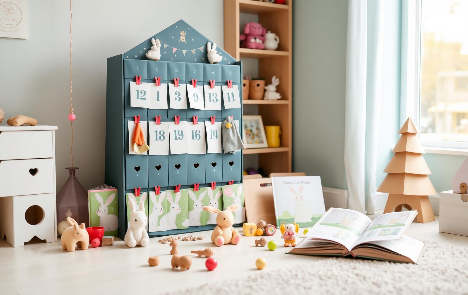 Vrolijke peuter-adventskalender met houten speeltjes en konijntjes in een lichte speelkamer