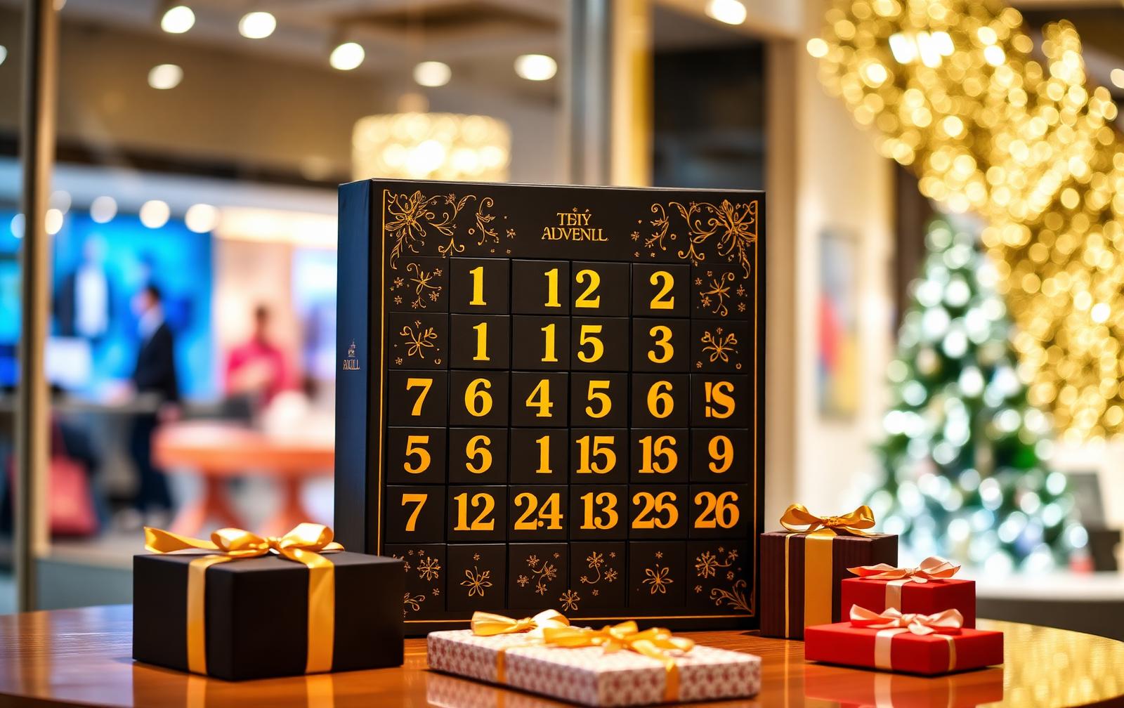 Premium adventskalender met goudopdruk tussen cadeauverpakkingen in een warenhuis