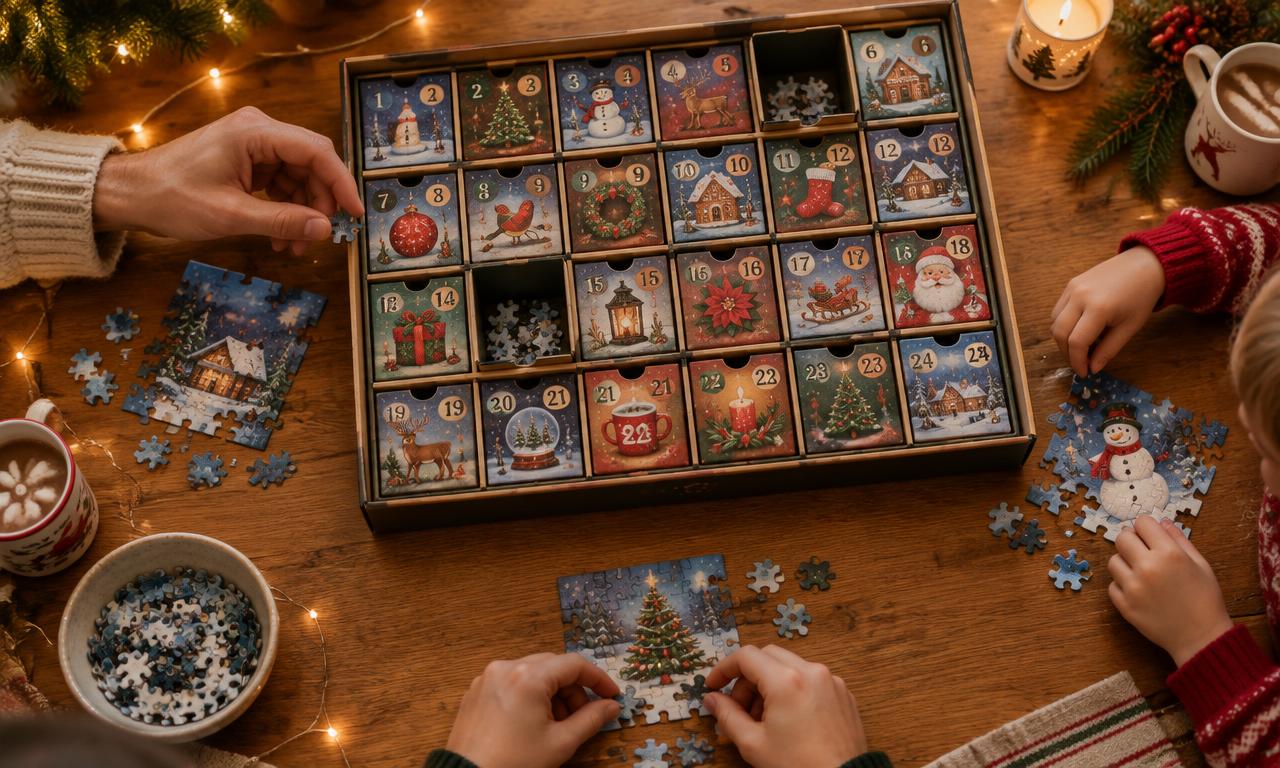 Puzzel adventskalender met minipuzzels op een houten tafel