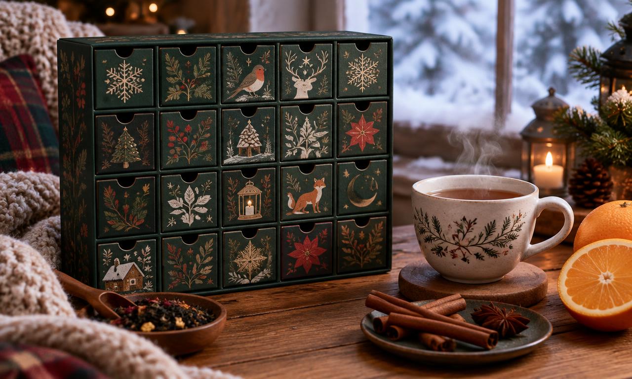 Groene thee adventskalender naast een dampende kop thee met kaneel