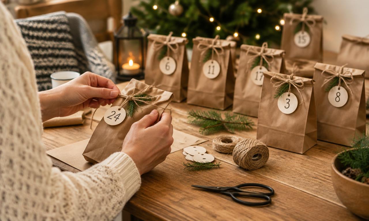 Handgemaakte adventskalender van kraftpapieren zakjes met cijferlabels